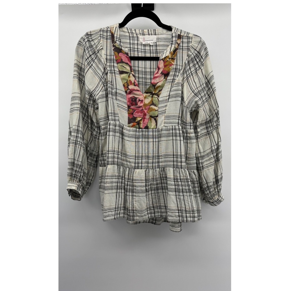 Anthropologie Plaid Floral Tapestry V-Neck Babydoll Blouse XS Metallic OB1052520